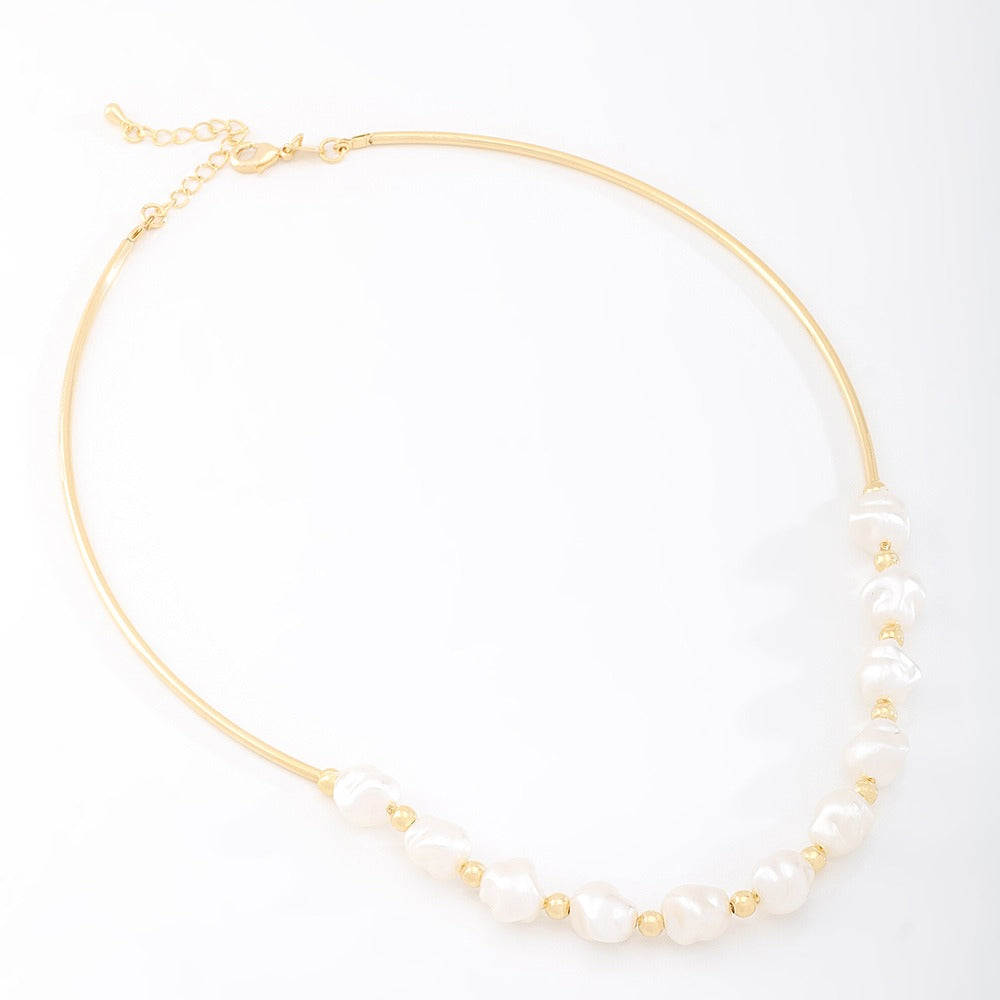 Mary- Gold Rigid Tube Necklace with Baroque Pearls