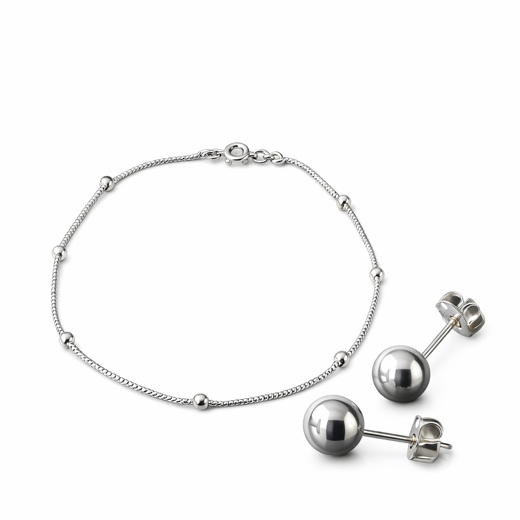 EARRINGS + BRACELET SET /BEADS 925 STERLING SILVER