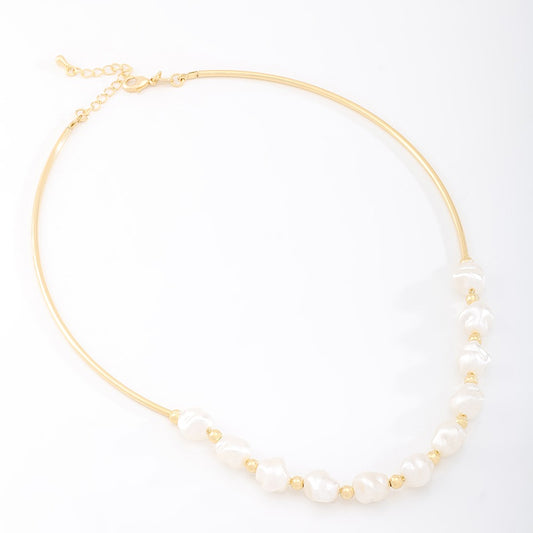 Mary- Gold Rigid Tube Necklace with Baroque Pearls